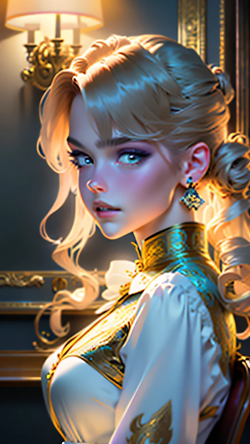 masterpiece, Highest quality, (8K wallpapers incorporating highly detailed CG), (Highest quality), (Best illustrations), (Best Shadow), (Stable Diffusion Model), Violet Evergarden, Sparkling, beautiful, victorian style bedroom, Dynamic Lighting, Written boundary depth、((Upper Body Portrait))、Portrait