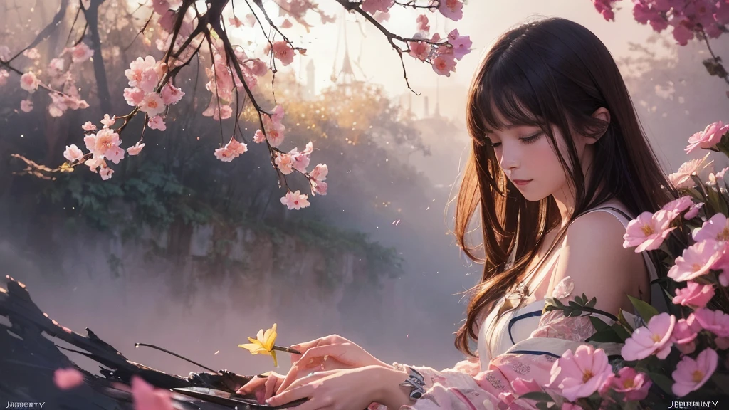 32k, Masterpiece, Highest quality, One girl, Brown Hair, Detailed eyes, flower,Freesia, Pink and navy style,A dreamy, romantic piece,Pale yellow, Mysterious Leaves,A playful arrangement,Fantasy,High Contrast,Ink strokes,explosion,Exposure, Impression of pink and navy tones,Abstract,((Watercolours by John Berkey and Jeremy Mann )) Brush strokes,Negative Space, Tyndall effect,