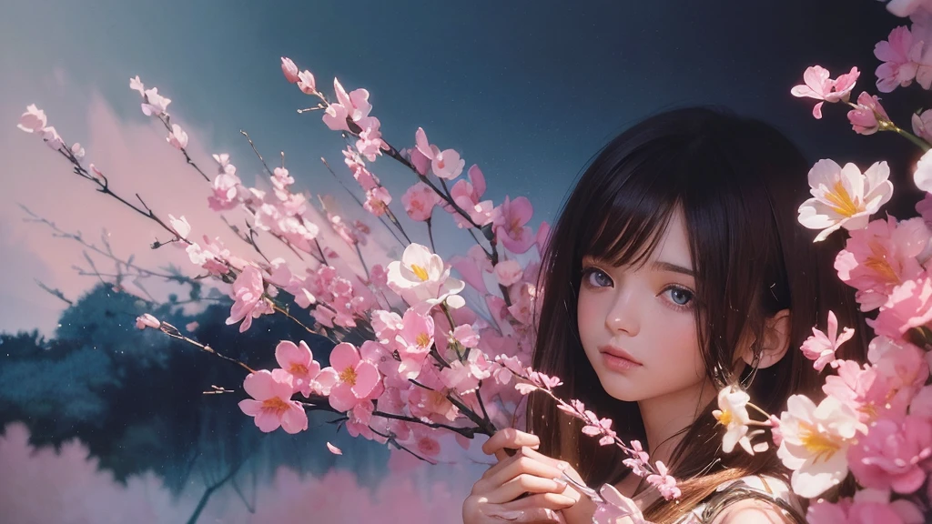 32k, Masterpiece, Highest quality, One girl, Brown Hair, Detailed eyes, flower,Freesia, Pink and navy style,A dreamy, romantic piece,Pale yellow, Mysterious Leaves,A playful arrangement,Fantasy,High Contrast,Ink strokes,explosion,Exposure, Impression of pink and navy tones,Abstract,((Watercolours by John Berkey and Jeremy Mann )) Brush strokes,Negative Space, Tyndall effect,