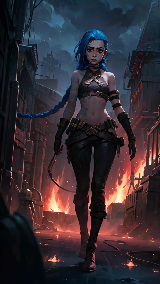 (masterpiece, Best quality), 1 girl, portrait, very sexy, crazy look, smile, crying, pink tears, tears on the cheeks, tears from eyes, full length (full body 1.1.), очень feminine, fighting stance, battle, fire, explosions, burning city, Beautiful waist, gloomy composition, flame, fire, Flash, very beautiful, feminine, long hair, hair braided in long braids, very sexy, tight leather pants, emphasis on the eyes, face accent, Beautiful face, Hands, Hair, Haired ponytail, red purple eyes, Джинкс crying, Blue cloud tattoo, (masterpiece, Best quality), Side lighting, beautiful detailed eyes, crazy face), (Best quality), (masterpiece), magic photography, Spectacular lighting, Photorealism, ultra detailed, интимная portraitная композиция, 1. 4,8 k UHD, aesthetic, Cd., A high resolution, 8 k, better lighting, Best shade, Ultra-HD, A high resolution, sharp focus, Complex background, Cinematic lighting, ((Landscape view)), 4K block, (better lighting), ((Cinematic lighting)),