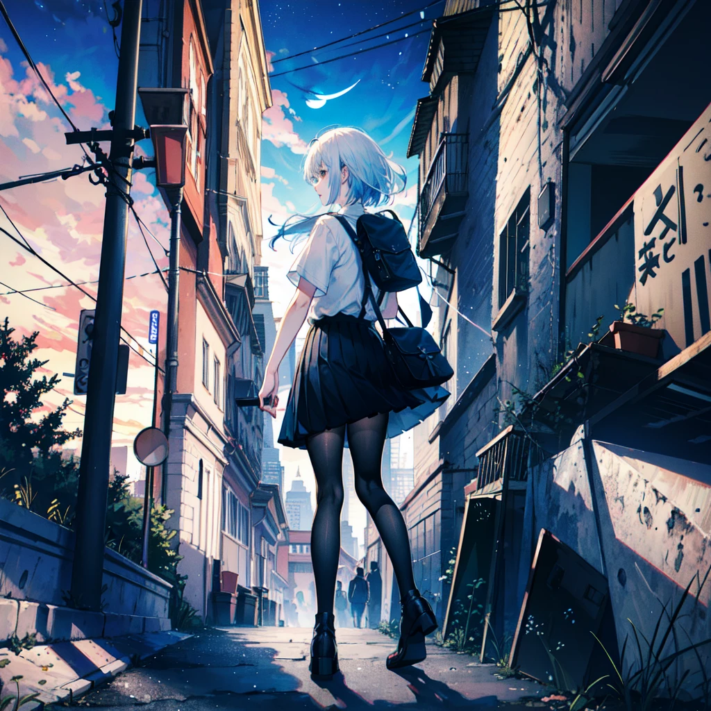 ((best quality)), ((masterpiece)), ((ultra-detailed)), (illustration), (detailed light), (an extremely delicate and beautiful), sky, star (sky), starry sky, scenery, outdoors, 1girl, crescent moon, cloud, night, skirt, white shirt, moon, bag, shirt, , night sky, sign, building,short sleeves, standing,long hair, solo, white hair, school bag, pleated skirt, facing away, power lines, backpack, utility pole,full body, black legwear,