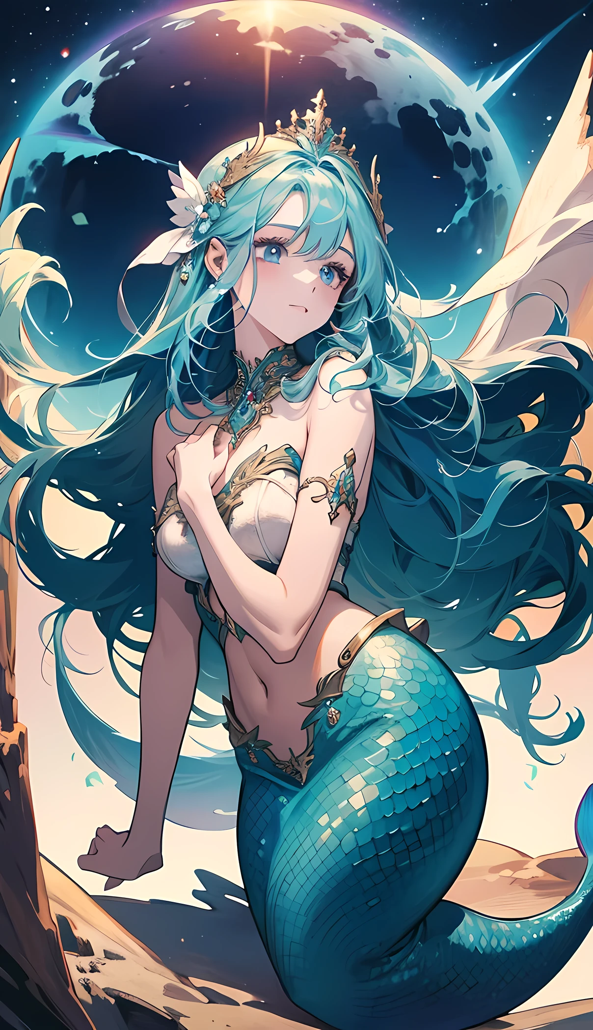 high resolution、One Girl、Vibrant colors、vivid color、Full body images、in the sea、mermaid、Shell breastplate、European Castles、rainbow hair、 long hair、opal、Fantasy Image、The most beautiful painting in the world、Super Beauty、