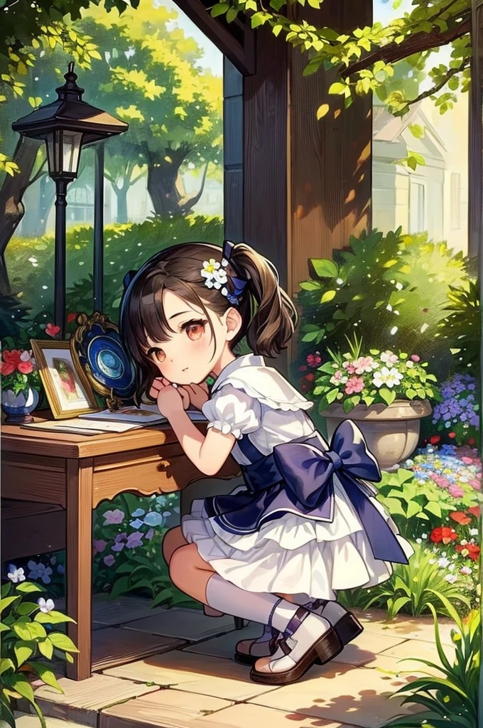 （Highest quality）（Masterpiece）A little boy and girl are facing each other and kissing、Many colorful flowers are blooming、The cats are watching the scene、