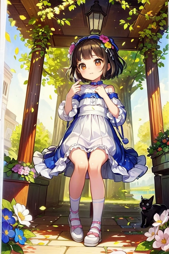 （Highest quality）（Masterpiece）A little boy and girl are facing each other and kissing、Many colorful flowers are blooming、The cats are watching the scene、