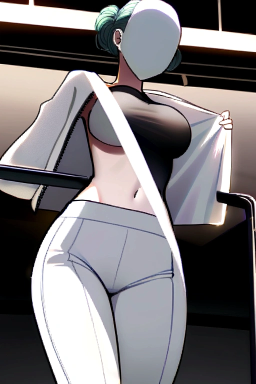Woman, her whole skins is pitch black including her face, no face, With tied hair, Wearing a black hat which is usually worn for sports, Wearing a black t-shirt from the shoulders to below the chest and the clothes stomach is white, Covered by a gray hoodie ( The zipper is open), Wear a white bag, wear a white identification card, white trousers and white shoes