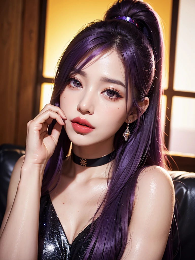 1girl, alone, solitary, high quality, (best quality,4k,8k,highres,masterpiece:1.2),ultra-detailed,(realistic,photorealistic,photo-realistic:1.37),gorgeous hair,violet hair,long straight hair with bangs,sharp eyes,mole under the eye,plump lips,jewelry,(high detailed skin:1.4),(rim lighting:1.3),(lit:1.3),(sunny day:1.3),portrait,beautiful lips,waist-length hair,seductive gaze,moles,casual clothes,colorful clothing,close up,super long hair,choker necklace,tattoos,tattooed,light eyes,bangs,fringe,20 year old,dimples on the cheeks,dimples,purple hair,violethair,bright violet hair,black,red lips,red lipstick,round lips,round pouty lips,pouty lips,douyin makeup, sparkly makeup,glitter,contact lenses