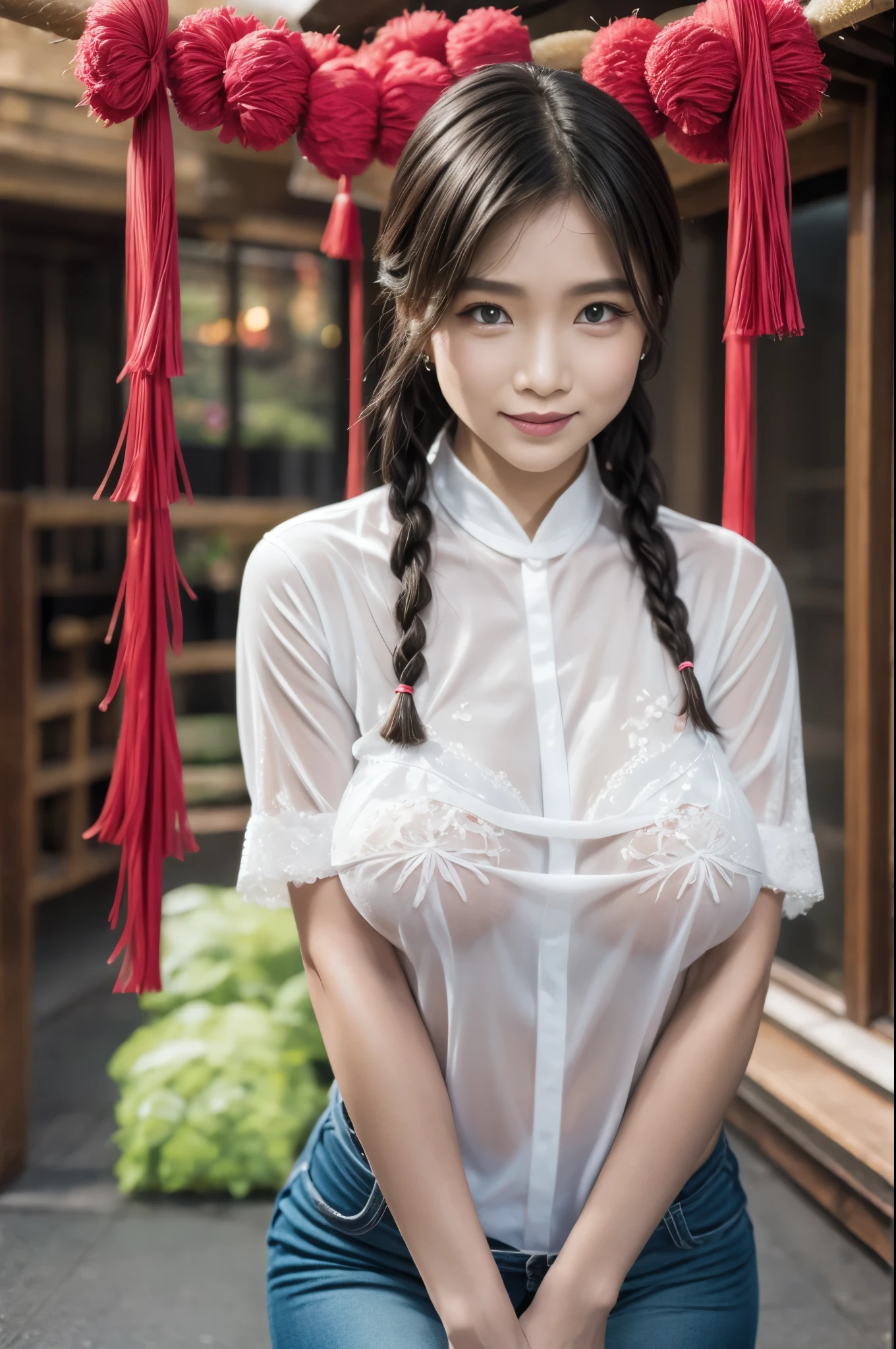 Eyes are very fragile，Double braids with cheongsam，Chinese New Year Decorations（（Smiling artwork）））， （（best quality））， （（Intricate details））， （（Surreal））（8K）