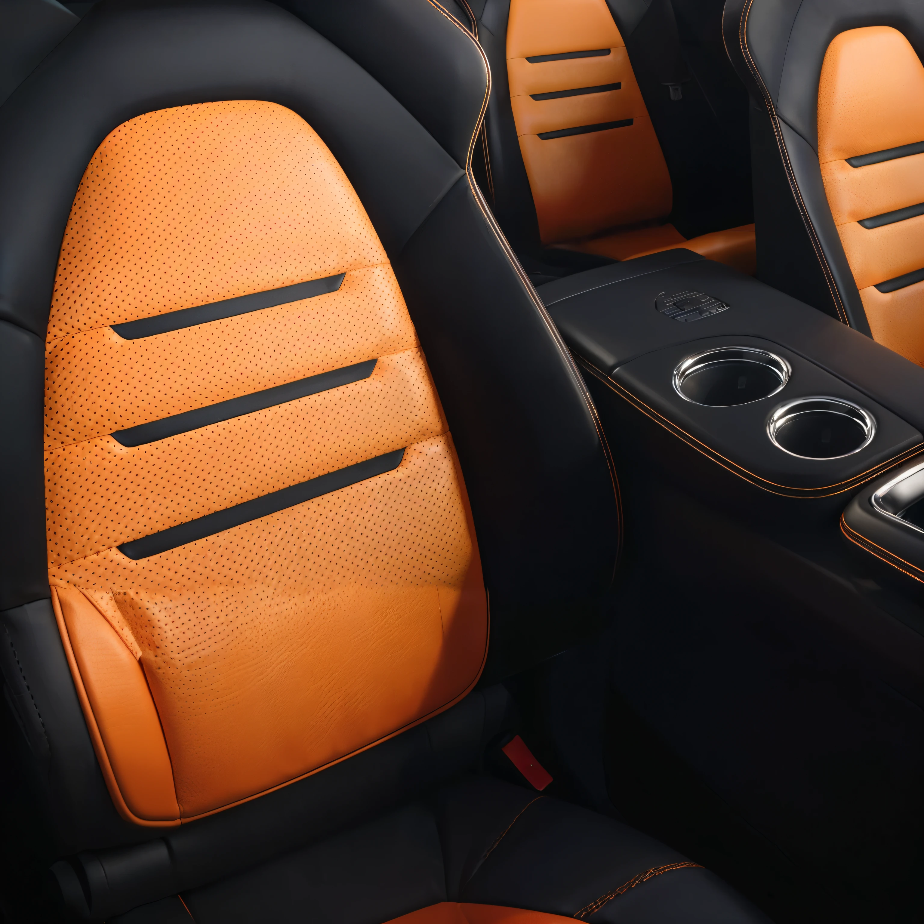 a close up of a car with orange leather seats and a center console, leather interior, glowing interior components, orange details, the console is tall and imposing, vibrant color details, inside of a car, black and orange, interior shot, black leather accents, ambient amber light, high end interior, breathtaking detail, orange and black, fantastic vendor interior, red leather interior