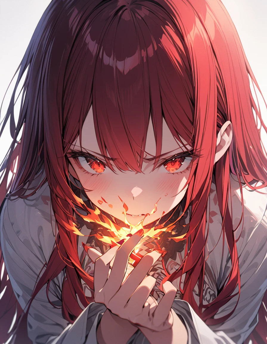 masterpiece Detailed description A woman with very long red hair Very intense flames all over Spell
