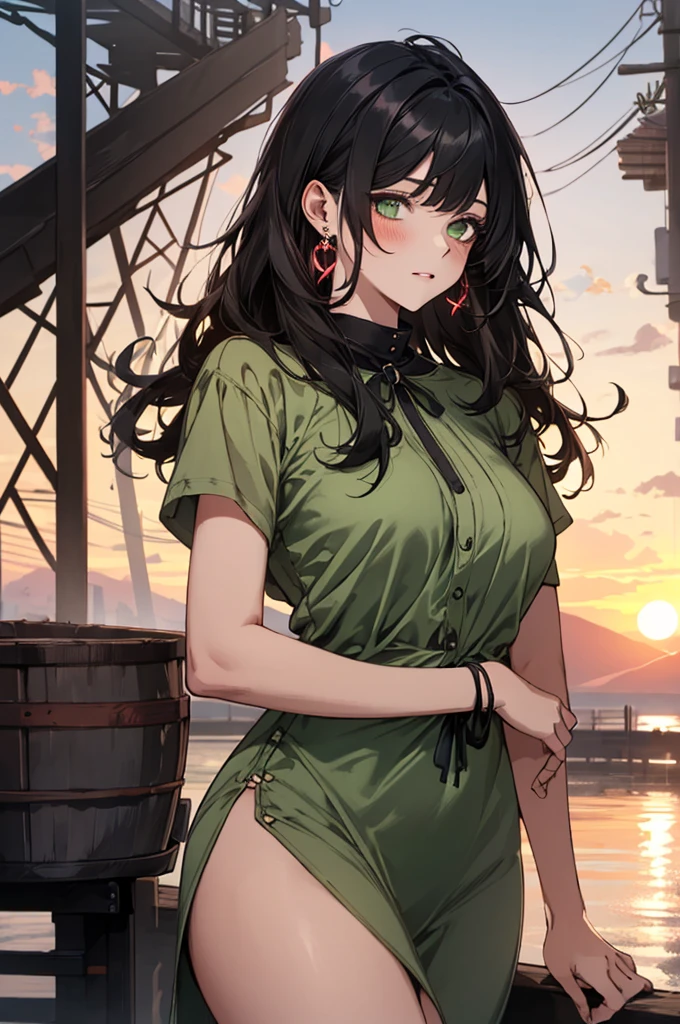 (top quality, masterpiece, high quality, ultra-delicate), ((beautiful girl)), ((Dark black hair)), mature, graceful curves, (long hair, long bangs), ((bright green eyes)), detailed eyes, modern clothing, bangs, fashionable clothing, black collar, long white sundress, casual ribbon, large breast and chest, charm, fashion, sunset in the background small blush, thick thighs, breast, green earrings.