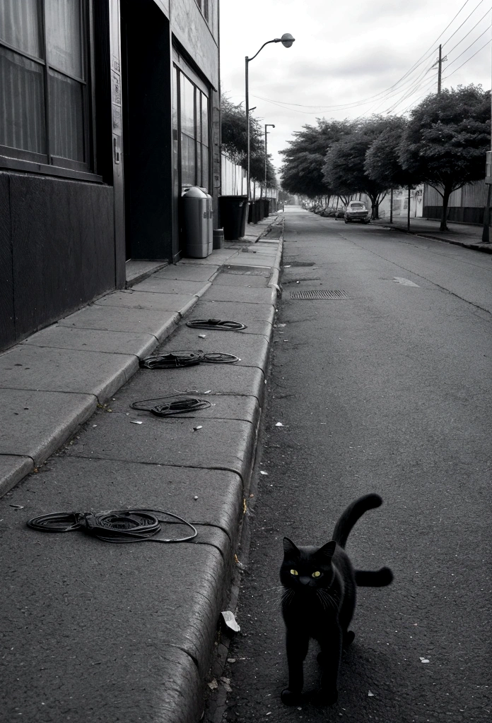 Environmental issues,SDGs,Monochrome,Colorful cans scattered on the street, Super Long Shot,Innovative and surreal art,A cat stands,Like a Eugene Smith photograph