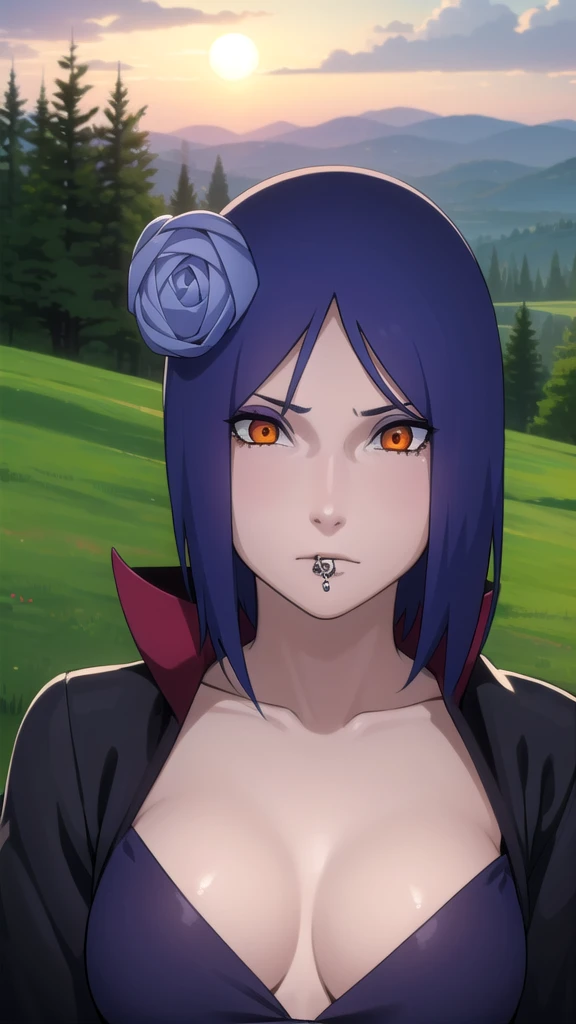 woman, woman, short hair, hair ornament, blue hair, flower, hair flower, (orange eyes:1.2), (labret piercing:1.2), eyeshadow,
Lingerie, Akatsuki \(naruto\),
BREAK outdoors, the forest, nature, sky, cloud, Sun,
BREAK looking at viewer, (cowboy shot:1.5),
BREAK (masterpiece:1.2), Best quality, A high resolution, unity 8k wallpaper, (illustration:0.8), (beautiful detailed eyes:1.6), very detailed face, perfect lighting, extremely detailed computer graphics, (perfect hands, Ideal ???????),