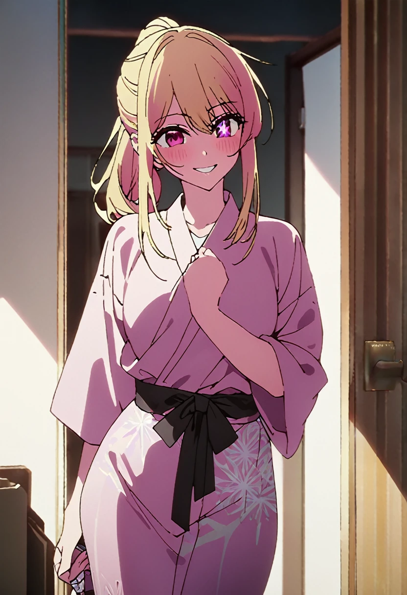 Blonde、yukata、Highest quality、high resolution、8K,Highest quality、Star-shaped pupil、The best smile、long hair、Pink Eyes、ponytail、Cowboy Shot、One person