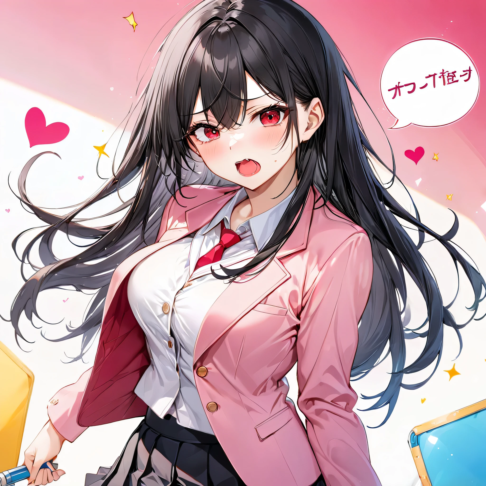 (Tsundere love mode) (18 yo, solo straight black hair long hair cute dominance girl, cool red eyes, angry face, pink lip open mouth, big tits), break, (in a summer school blazer, skirt), BREAK, perfect anatomy, masterpiece, best quality, 16k, beautiful detailed grow, daydreaming expression.