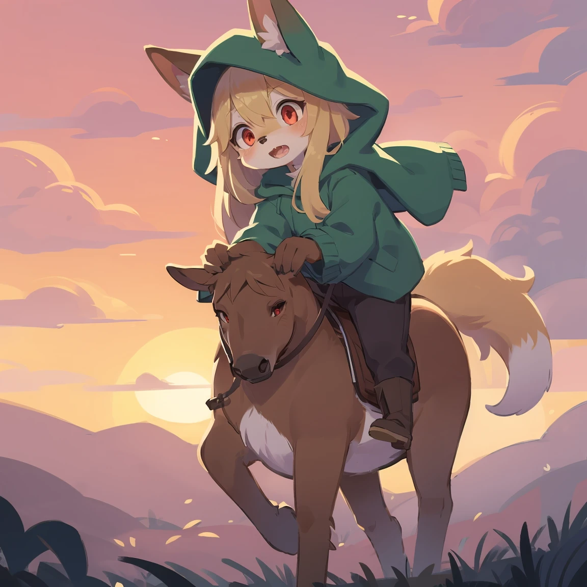 loli the fox, , was hairy, shaggy, skin fur, smooth lashes, golden fur, forelimb hands, straight long blonde hair, solid circle eyes, golden ears, golden fur, golden facial fur, shiny hair, red eyes, super cute face, 1fox tail, fluffy tail, furry tail, glowing eyes, green coat green hood down, brown trousers, riding horse, open mouth, embarrassed, ambient light, ultra-fine fur, dashed eyes, full body, masterpiece, high quality, high-details, best quality, wide short, (((solo))), twilight, sun light, red sky, rim light