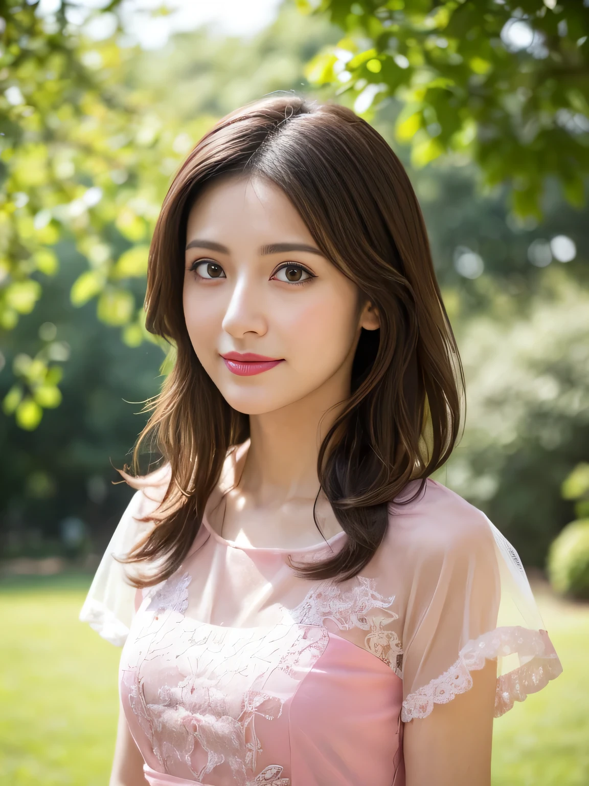 (RAW Photos), (Photo Real), (masterpiece), (Highest quality), High resolution, 8K resolution, (Intricate details), (Volumetric Light), Portraiture, woman, 30 years old, Medium Hair, Layered Hair, Brown Hair, Highly detailed eyes, Source order, Very thin eyebrows, Highly detailed skin, Highly detailed mouth, Highly detailed nose, Cute like an idol, smile, ((Pink lipstick)), ((Look at the viewers)), (An elegant and transparent red see-through short-sleeved dress), ((Randomly oriented bodies)), green park background, Facial posture looking up at the sky, Full body shot,