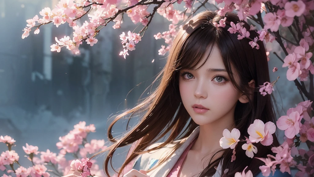 32k, Masterpiece, Highest quality, One girl, Brown Hair, Detailed eyes, flower,Freesia, Pink and navy style,A dreamy, romantic piece,Pale yellow, Mysterious Leaves,A playful arrangement,Fantasy,High Contrast,Ink strokes,explosion,Exposure, Impression of pink and navy tones,Abstract,((Watercolours by John Berkey and Jeremy Mann )) Brush strokes,Negative Space, Tyndall effect,