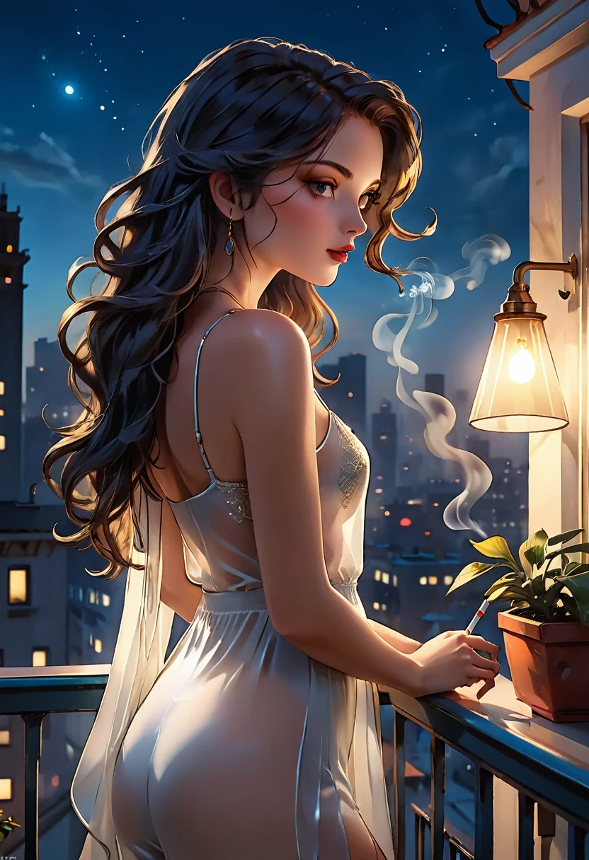 A modern, sleek woman in a sheer camisole is perched on the edge of a stylish balcony, the cityscape illuminated by the night's glow behind her. She wears her long, wavy hair loose, and her profile is accentuated by the soft light of a nearby lamp. In one hand, she casually holds a cigarette, the smoke curling in the cool night air. The scene is captivating, a masterpiece in ultra high resolution with a photorealistic touch, showcasing her beauty in breathtaking detail.