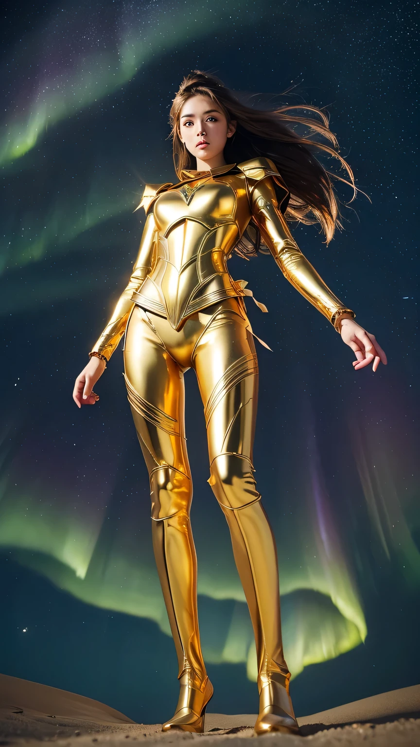 ((best quality)), ((masterpiece)), (ultra detailed lights), ((full body shot)), ((skinny body)), girl, extremely beautiful, perfect eyes, ((slim body)), thighs gap, ultra face details, 20 years old, ((bright-blue curvy-hair)), ((hair blown by strong winds :1.3)), Award-winning photograph, ((symmetrical pose)), teendess with (golden sword) in ((full body golden black armor)) are in the middle of battlefield, posing in the middle, intricate details, ((thight golden armour)), ((extremely details armor)), ((tight latex panties)), ((24k-gold armor)), ((edge luminous armor)), cameltoe, luminescent, epic lights reflections, ((Athena's golden bow), at beach, full of stars, orange clouds, nebula sky, epic aurora borealis in the background, shooting stars, ((from below))