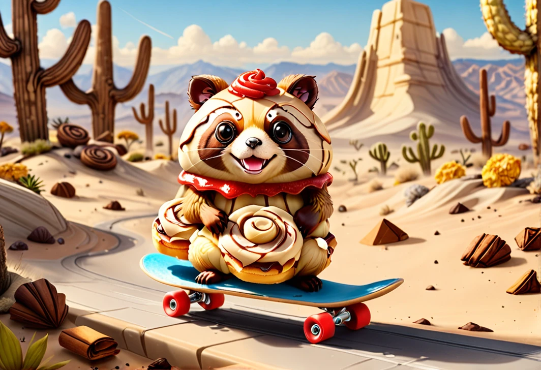 Tanuki Crepe Cinnamon Rolls Riding Skateboard in Desert Graveyard, Hellper style