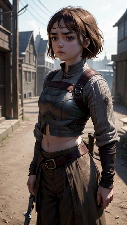 8k, Maisie Williams face, pale skin, toned abs, small breast, round ass, her round ass visible, brown hair, Maisie Williams as Arya Stark, torn ragged peasant clothes, standing stance, winterfell in background