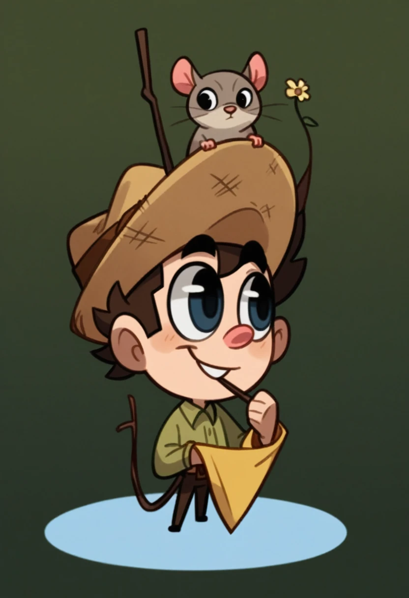 Cartoon of boy with straw hat on his head, With a wooden stick in his hand, Red Cliff, style of Maple Valley, Bob, Maple Valley, Nature Druid, Adventure Island, Maple Valley indiana jones, Adventure Island mouse, Dwarf druids, character art of Maple Valley, Platformer, very cute, very stylized, boy scout, Characters based on Haggis