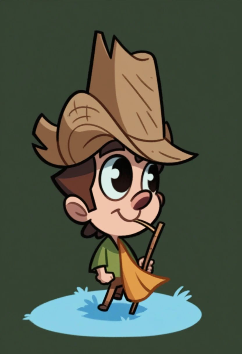 Cartoon of boy with straw hat on his head, With a wooden stick in his hand, Red Cliff, style of Maple Valley, Bob, Maple Valley, Nature Druid, Adventure Island, Maple Valley indiana jones, Adventure Island mouse, Dwarf druids, character art of Maple Valley, Platformer, very cute, very stylized, boy scout, Characters based on Haggis