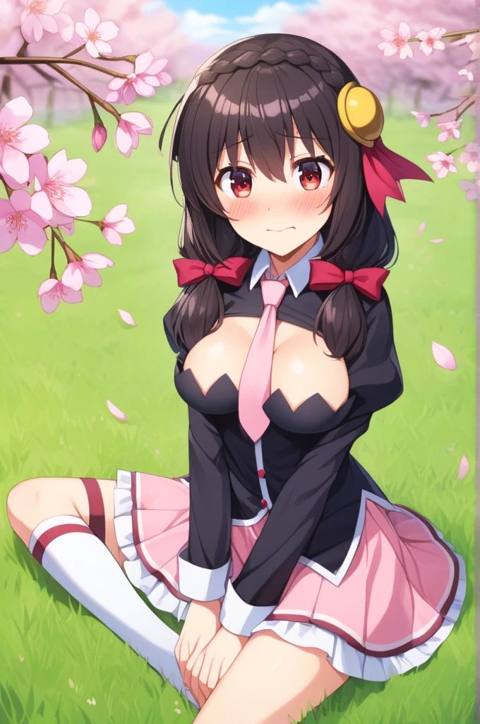 alone, One girl, Embarrassed face, View your viewers, Crown Blade, hair ornaments, Hair Ribbon, Pink tie, Black long sleeve, Pink Skirt, Knee socks, , grassland、Black Hair、Red Eyes、(blush:1.2)、sit、cy blossoms