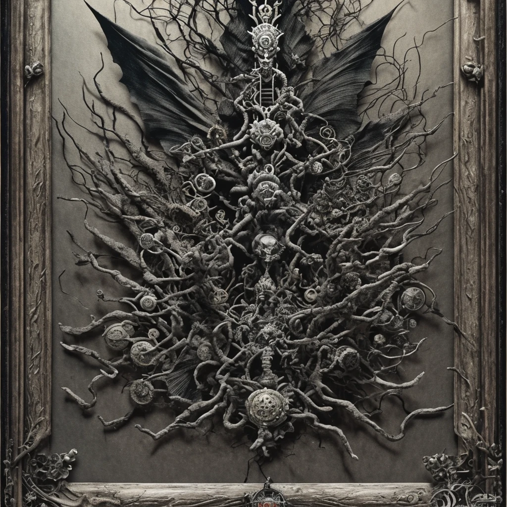 tarot card, wheel of fortune, roulette, rococo, punk rock dynamics, voodoo dolls, comic book, silver rings, burnt leaves, charcoal drawing on old parchment, dark souls, dark botanical, grotesque, needles, horror, demonology, schizophrenia, pins, beads, shaman, jester, bell, butterfly, vampire tarot card, wheel of fortune, roulette, rococo, punk rock dynamics, voodoo dolls, comic book, silver rings, burnt leaves, charcoal drawing on old parchment, dark souls, dark botanical, grotesque, needles, horror