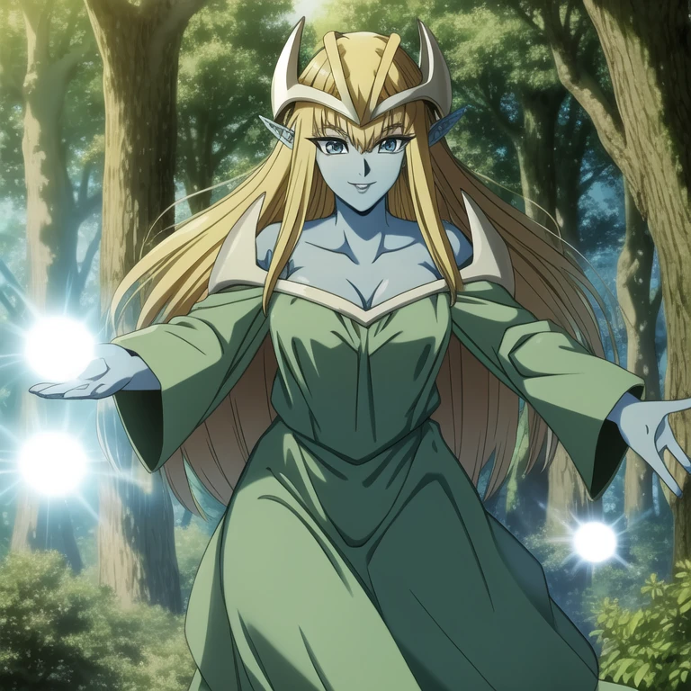 mysticalygo, mystical elf, smile, green dress, long skirt, blue skin, blonde hair, long hair, forest, Yugioh,