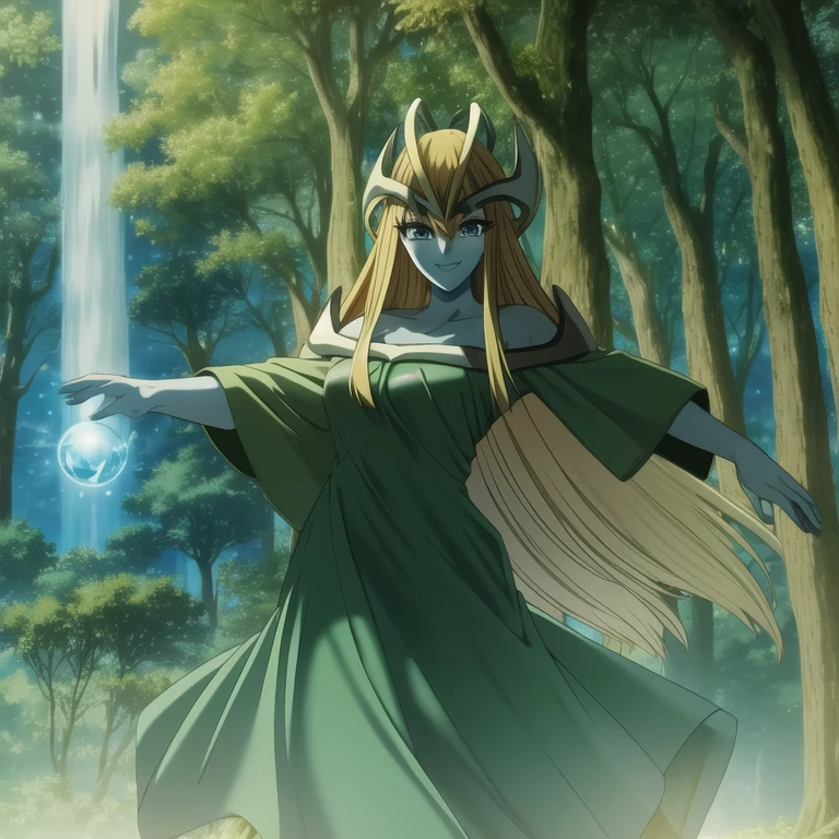 mysticalygo, mystical elf, smile, green dress, long skirt, blue skin, blonde hair, long hair, forest, Yugioh, 