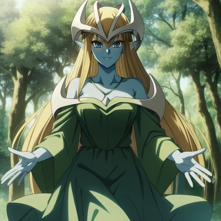 mysticalygo, mystical elf, smile, green dress, long skirt, blue skin, blonde hair, long hair, forest, Yugioh,