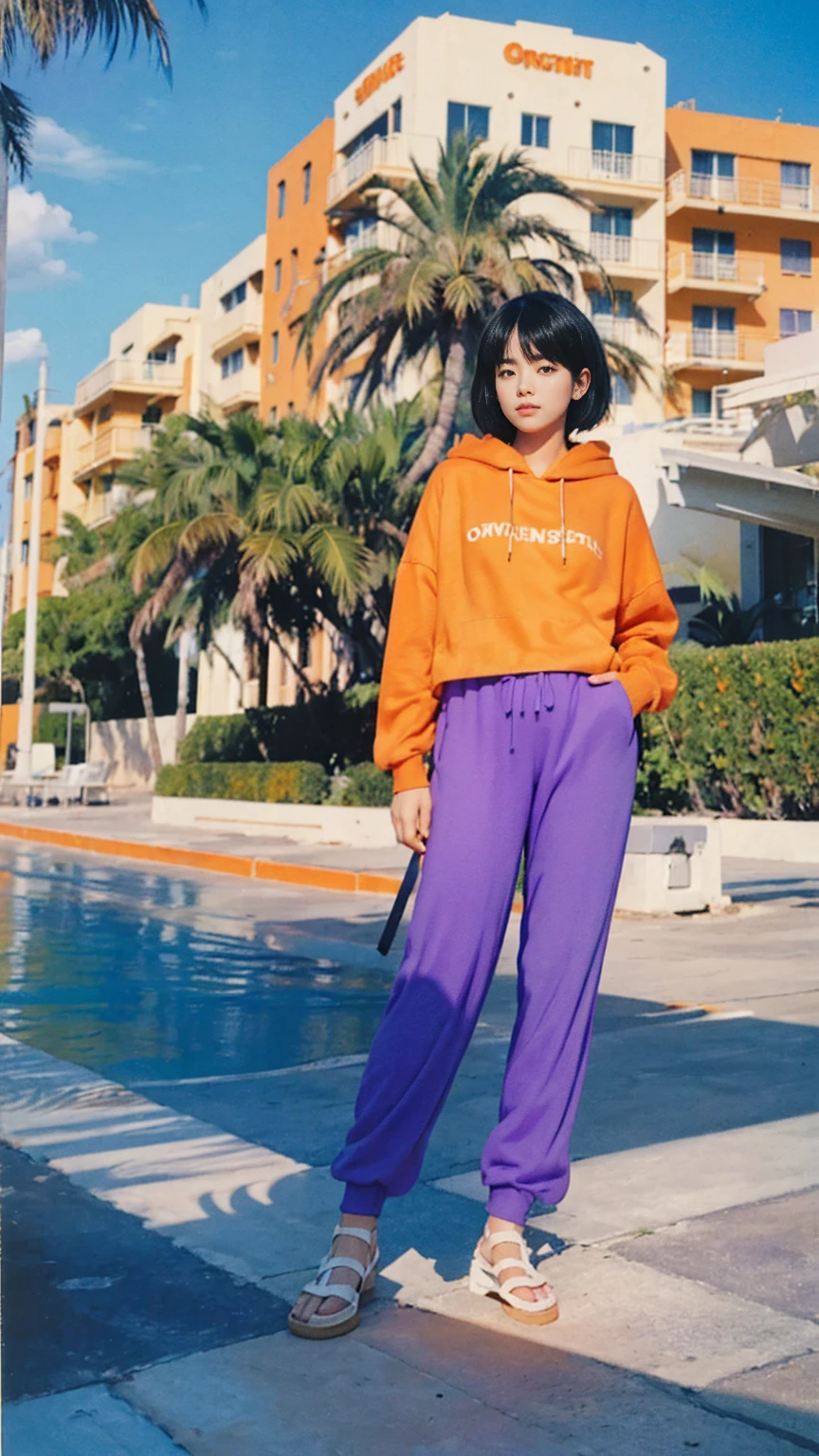 Best Quality,Masterpiece,Ultra High Resolution,(Realisticity:1.4),Original Photo, 18-year-old women,(((Facing forward))),(Very fine eye), (((Wearing a orange color hoodie,Wearing purple color baggy pants))), light leak,dark intens shadow,ultra high resolution,UHD,beautiful, ((black bob hair)), almond eye, no makeup, in front of 80's architecture mondrian colorful motel, (realistic:1.2), (surreal:1.3), (very detailed:1.1), ((masterpiece)),summer, blue sky, (palm trees),sunny, los angles vibes,thick outline. blurry photo. color slide film. 1958