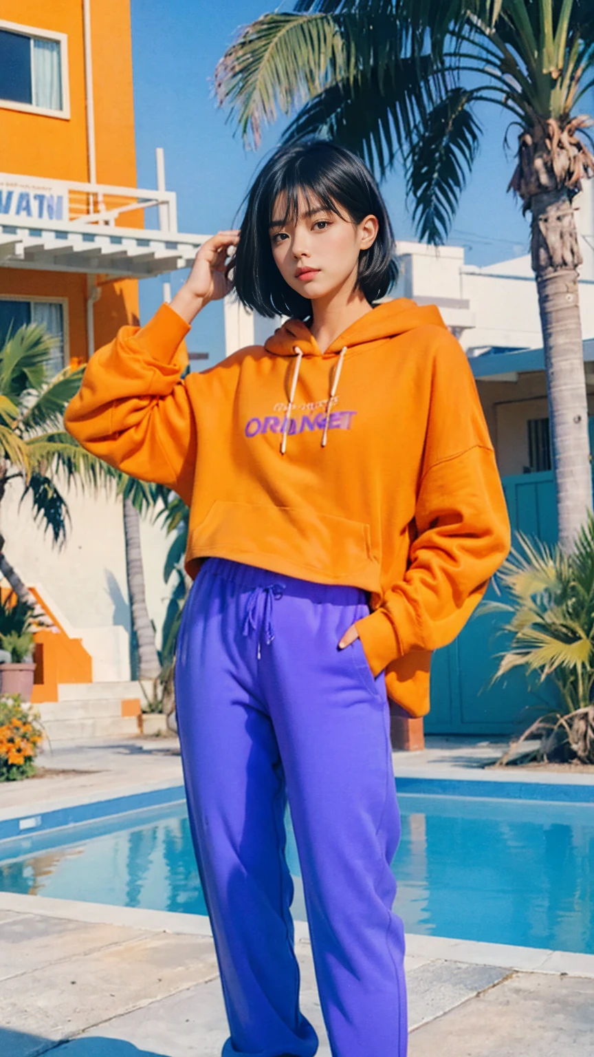 Best Quality,Masterpiece,Ultra High Resolution,(Realisticity:1.4),Original Photo, 18-year-old women,(((Facing forward))),(Very fine eye), (((Wearing a orange color hoodie,Wearing purple color baggy pants))), light leak,dark intens shadow,ultra high resolution,UHD,beautiful, ((black bob hair)), almond eye, no makeup, in front of 80's architecture mondrian colorful motel, (realistic:1.2), (surreal:1.3), (very detailed:1.1), ((masterpiece)),summer, blue sky, (palm trees),sunny, los angles vibes,thick outline. blurry photo. color slide film. 1958