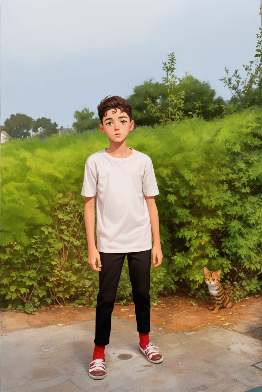 Realistic portrait of a thirteen-year-old boy, He wears a red shirt . His face is childish and exploratory . He goes out cautiously into the garden of the house, A small cat is among the bushes and he touches it cautiously ,Not facing the camera,, Hair is untidy ,