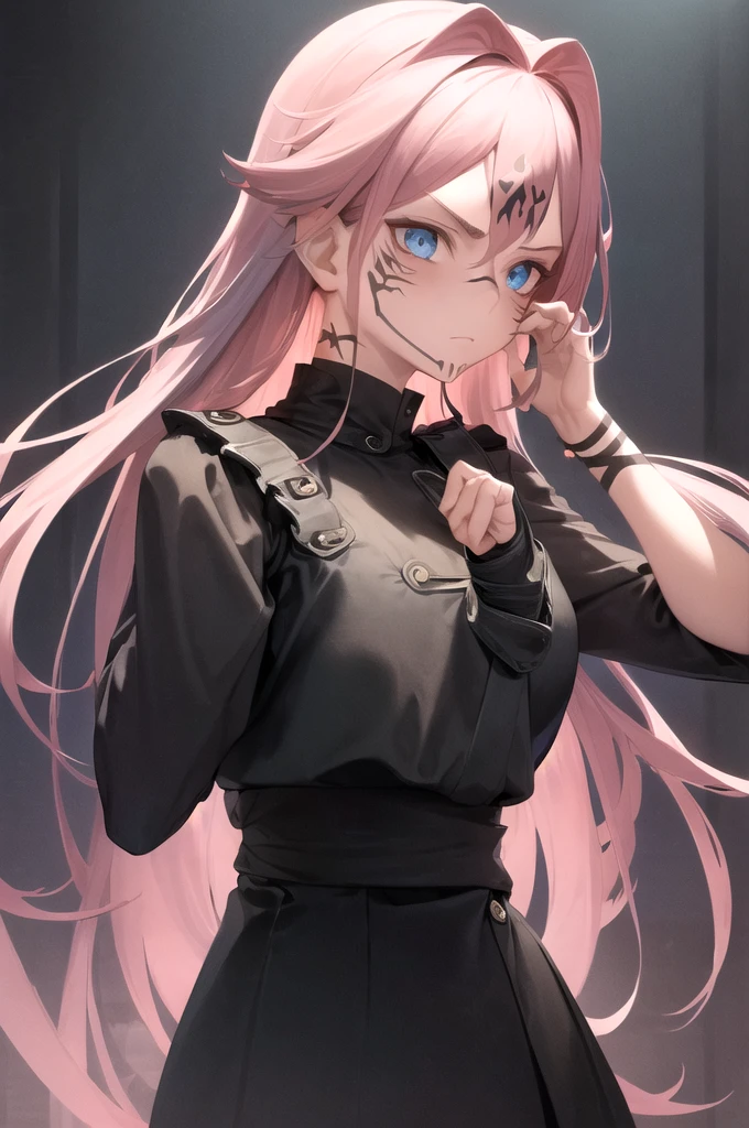 (masterpiece, best quality:1.2), upper body, solo, 1girl, sukunatattoo,shy, looking at viewer, hand on own face, long hair, pink hair, blue eyes, extra eyes, v-shaped eyebrows, black jacket, long sleeves, dark lighting, caustics,