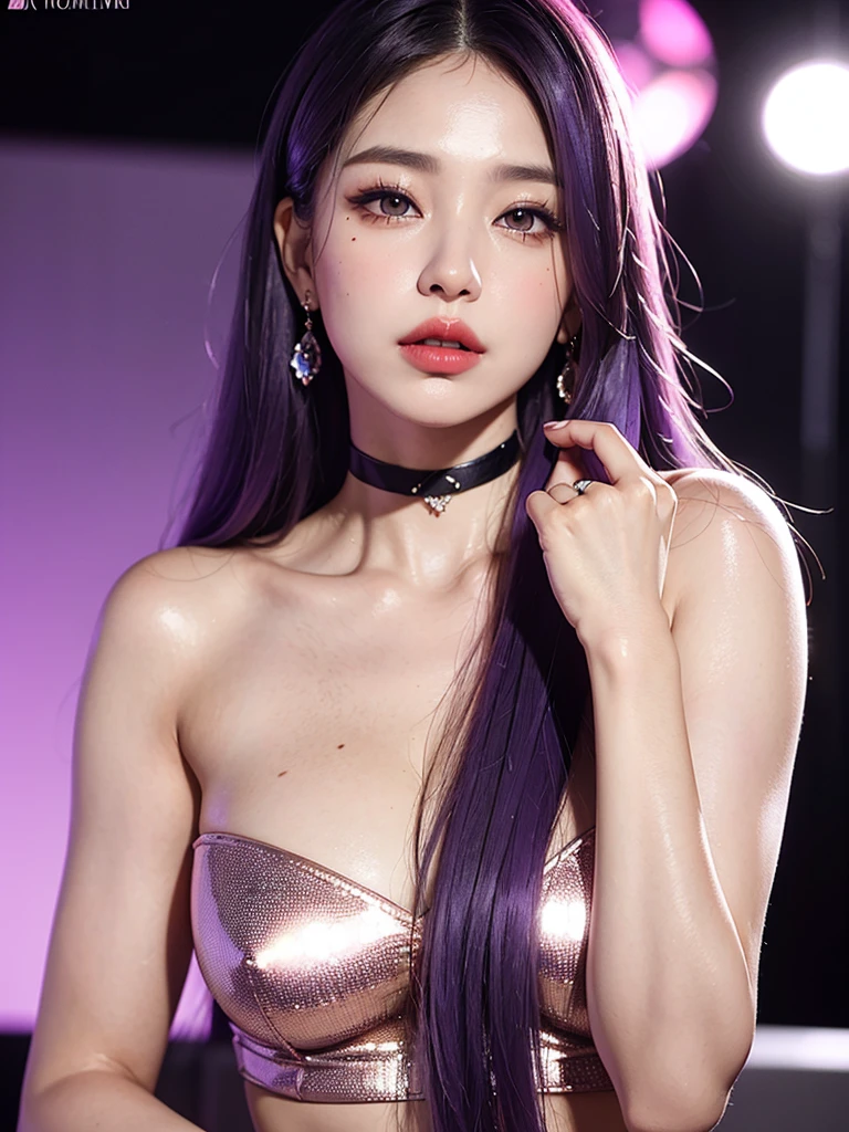 1girl, alone, solitary, high quality, (best quality,4k,8k,highres,masterpiece:1.2),ultra-detailed,(realistic,photorealistic,photo-realistic:1.37),gorgeous hair,violet hair,long straight hair with bangs,sharp eyes,mole under the eye,plump lips,jewelry,(high detailed skin:1.4),(rim lighting:1.3),(lit:1.3),(sunny day:1.3),portrait,beautiful lips,waist-length hair,seductive gaze,moles,casual clothes,colorful clothing,close up,super long hair,choker necklace,tattoos,tattooed,light eyes,bangs,fringe,20 year old,dimples on the cheeks,dimples,purple hair,violethair,bright violet hair,black,red lips,red lipstick,round lips,round pouty lips,pouty lips,douyin makeup, sparkly makeup,glitter,contact lenses