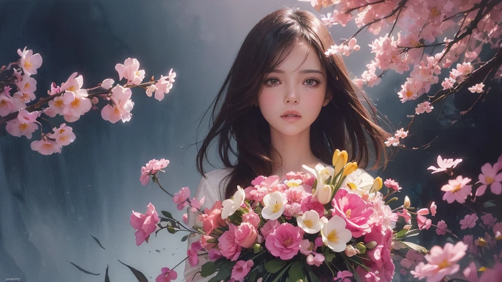 32k, Masterpiece, Highest quality, One girl, Brown Hair, Detailed eyes, flower,Freesia, Pink and navy style,A dreamy, romantic piece,Pale yellow, Mysterious Leaves,A playful arrangement,Fantasy,High Contrast,Ink strokes,explosion,Exposure, Impression of pink and navy tones,Abstract,((Watercolours by John Berkey and Jeremy Mann )) Brush strokes,Negative Space, Tyndall effect,