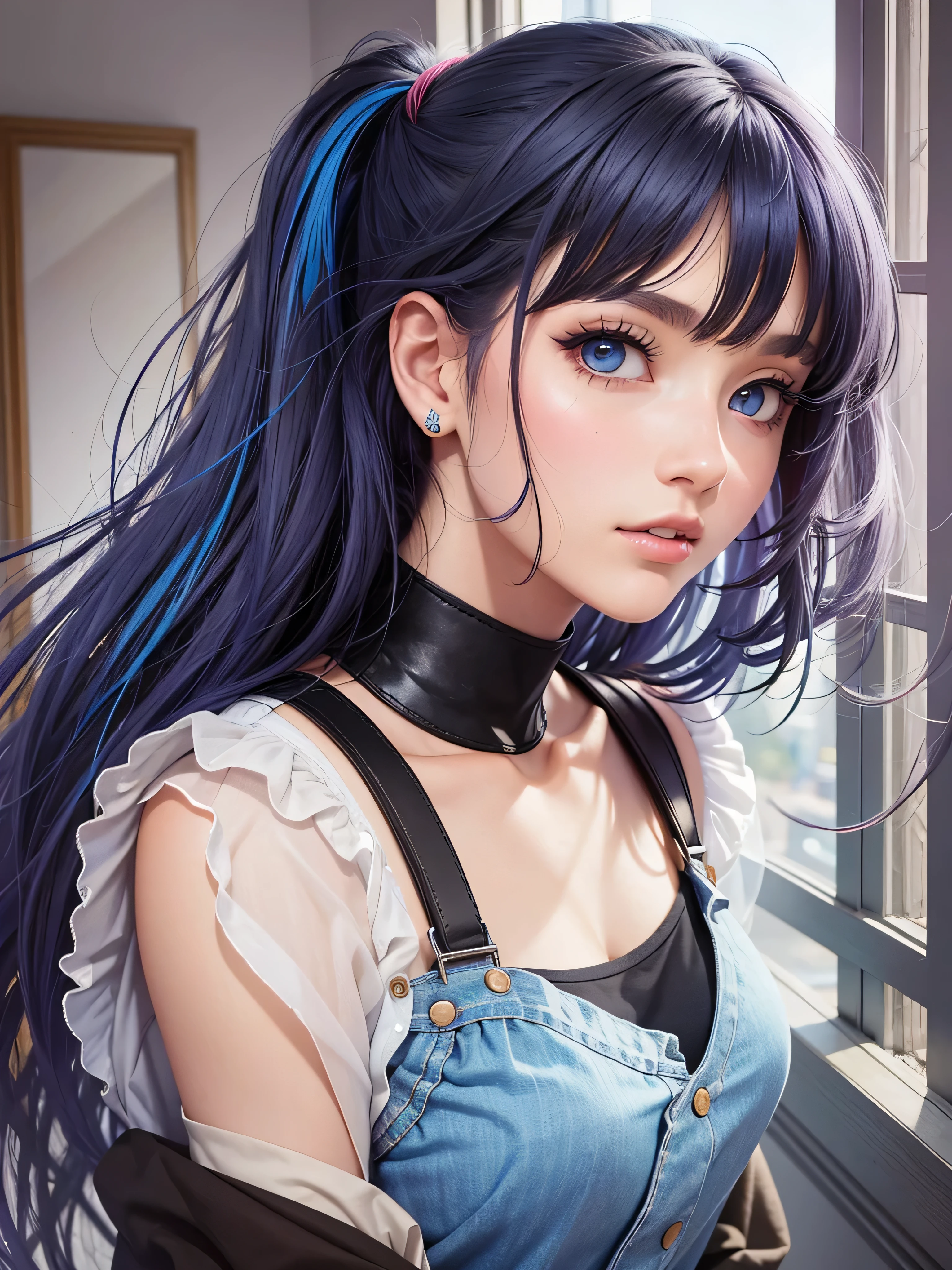 anime styled、One Person18Beautiful woman of age、Moisturizing and beautiful eyes、 (Casual clothing)ciri、a picture、androgynous hunnuman、oval jaw、Delicate features、Beautiful expression、beautiful hair of black color、Long bangs、long pony tail、high saturation blue eyes with a beautiful shine,、LDS Art