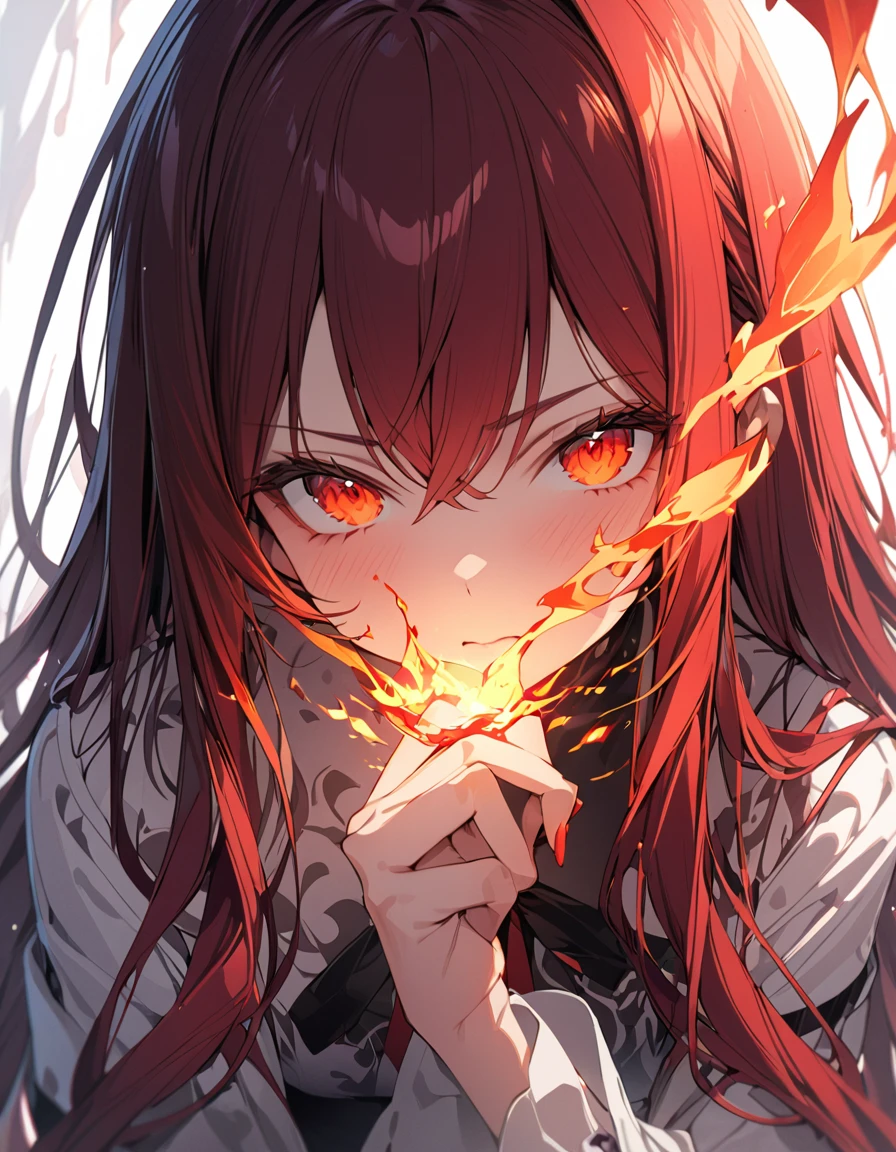masterpiece　Detailed description　A woman with very long red hair　Very intense flames all over　Spell　
