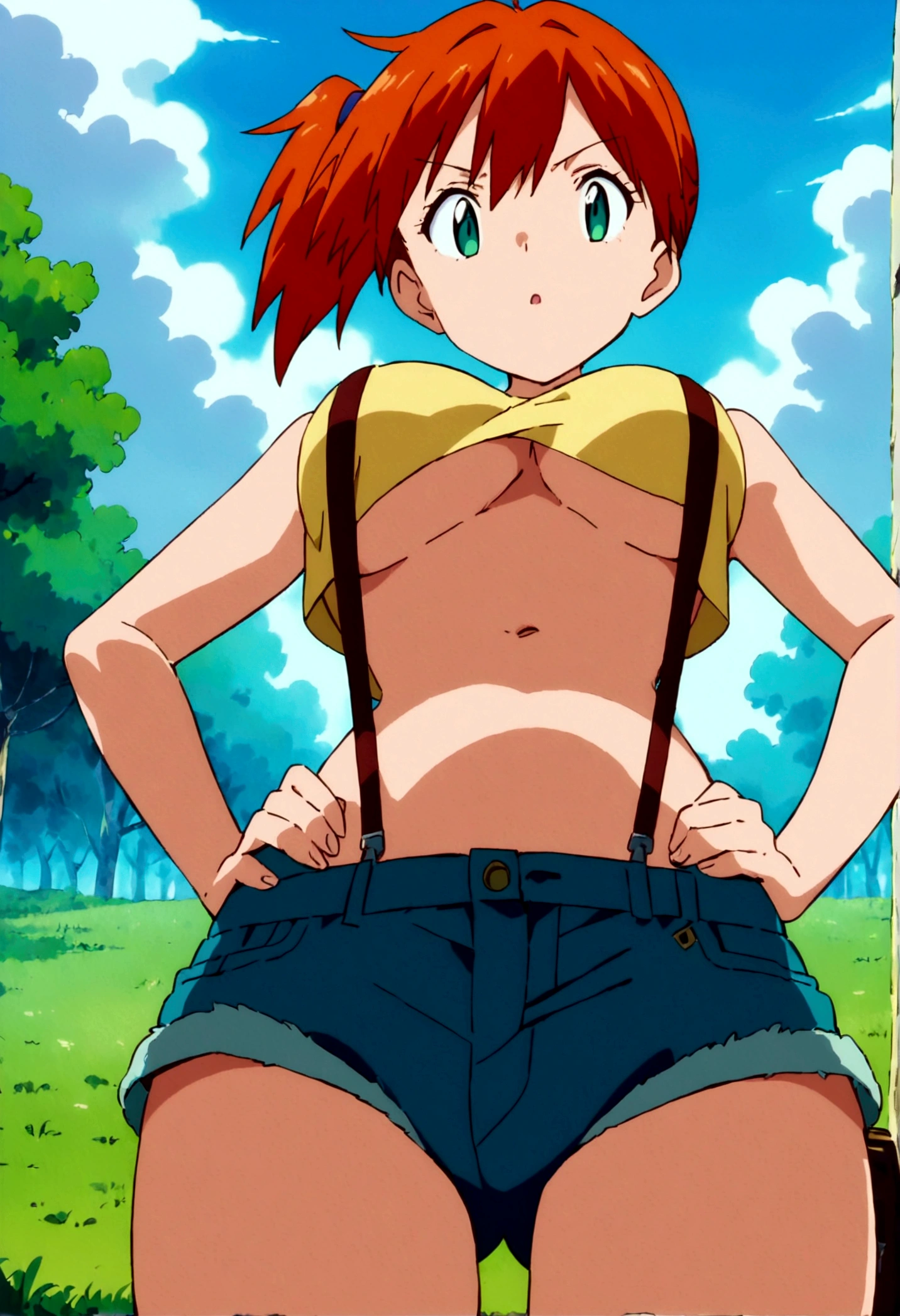 score_9,score_8, score_7_.superior,from below,breast focus, .straight-on,  (mature) , (outcome), One girl, , Foggy, alone, Outdoor, Green Eyes, Orange Hair, Side Ponytail, Yellow Shirt, Sleeveless shirt,belly button, Denim shorts, suspenders,  Captivating look, Seductive expressions),(under_boob),,(shirt pull),hands on own hip,great lighting,  perfect hands, detailed shadows,sky,grass,   　anime artwork, anime style, key visual, vibrant, studio anime,
highly detailed, newest, late, anime coloring, masterpiece, best quality,
best aestethic, absurdres,
