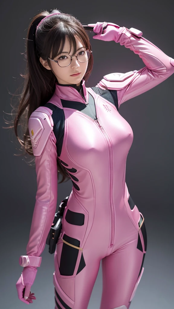 Create a highly realistic and detailed illustration of Mari Makinami Illustrious from the Evangelion series. Depict Mari in her signature pink plugsuit, with intricate textures and shading to highlight the material. Her glasses and distinctive hairstyle should be accurately represented, with realistic reflections and details. Show her in a dynamic pose, possibly holding her helmet or in a battle-ready stance. The background should be plain, ensuring the focus remains entirely on Mari. Use realistic lighting and shadowing to enhance the three-dimensional effect.