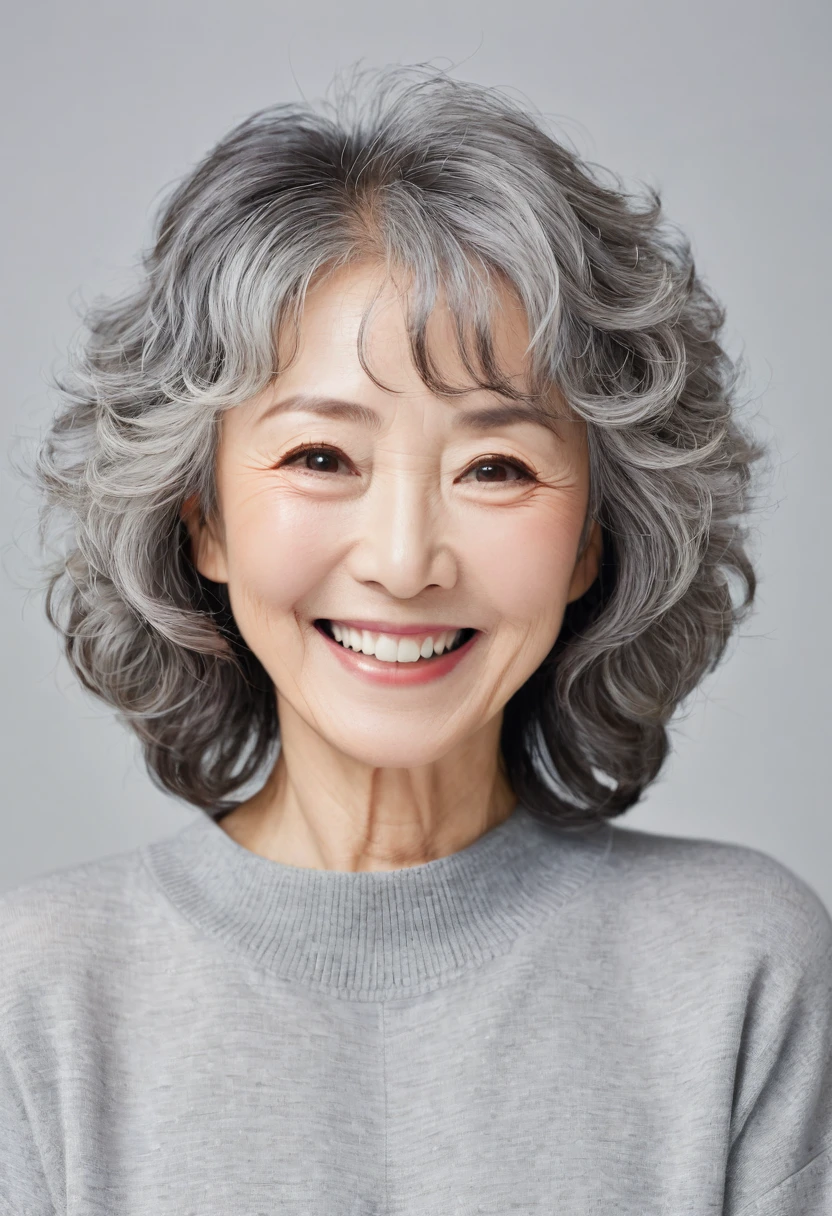 Female in her 60s,Japanese,Close your mouth,smile,Light grey clothes,Gray Hair,Perm,Light makeup