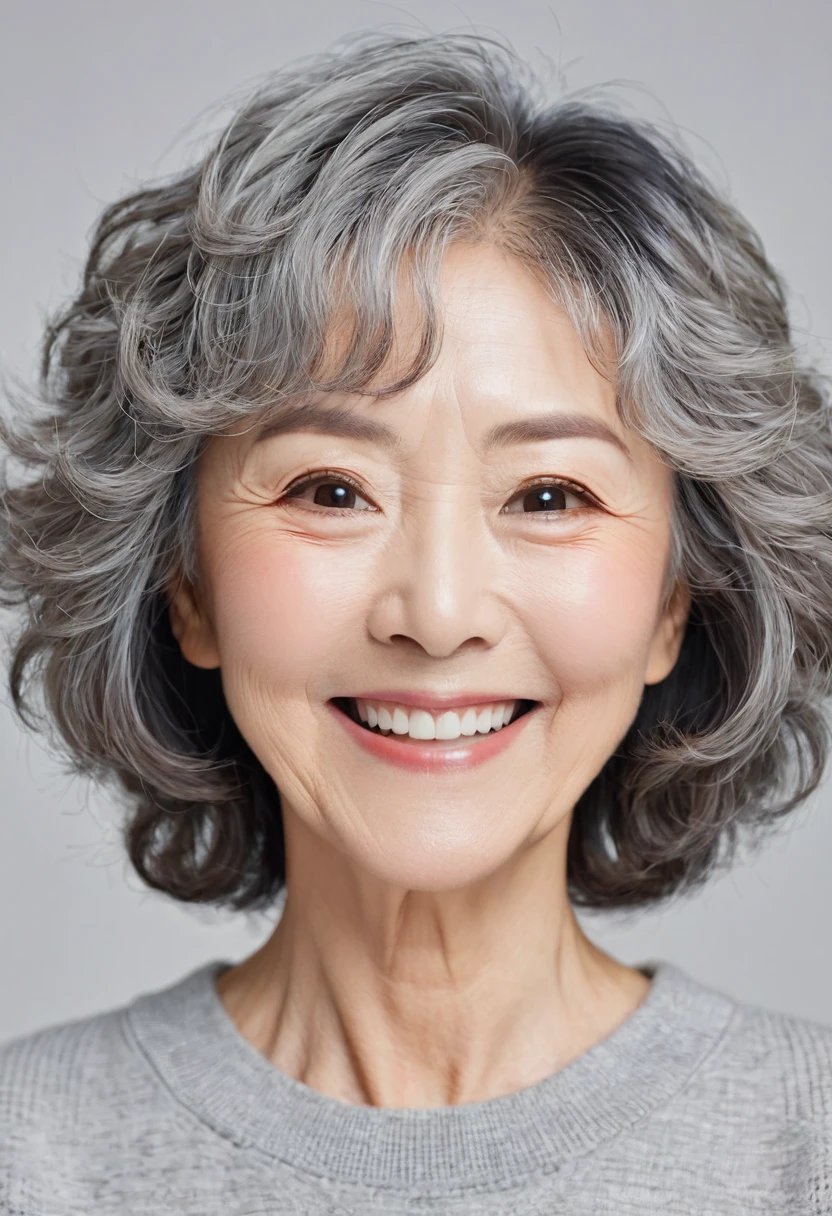 Female in her 60s,Japanese,Close your mouth,smile,Light grey clothes,Gray Hair,Perm,Light makeup