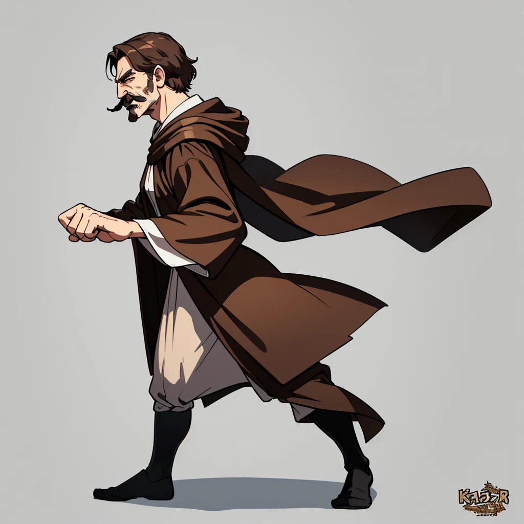 ((((Solo))))、Highest quality, Best Quality,Best illustrations、8K、middle ages、(((Simple brown robe)))、(40-year-old uncle、mature、Kaiser moustache)、(Cool expression)、Fighting stance、(From the side、profile)、Full body character concept