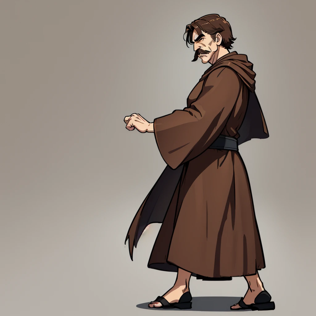 ((((Solo))))、Highest quality, Best Quality,Best illustrations、8K、middle ages、(((Simple brown robe)))、(40-year-old uncle、mature、Kaiser moustache)、(Cool expression)、Fighting stance、(From the side、profile)、Full body character concept