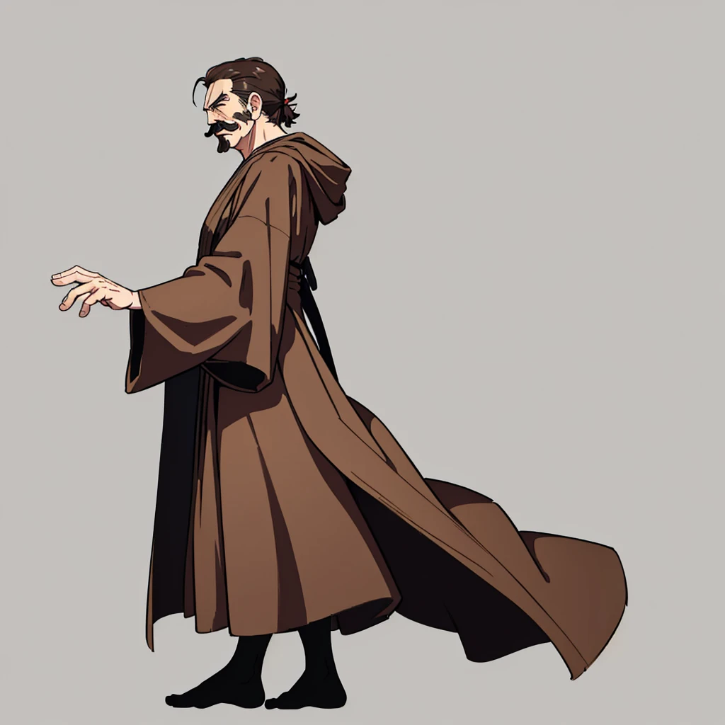 ((((Solo))))、Highest quality, Best Quality,Best illustrations、8K、middle ages、(((Simple brown robe)))、(40-year-old uncle、mature、Kaiser moustache)、(Cool expression)、Fighting stance、(From the side、profile)、Full body character concept