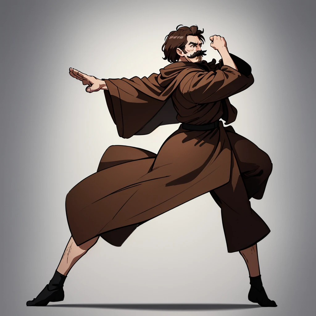 ((((Solo))))、Highest quality, Best Quality,Best illustrations、8K、middle ages、(((Simple brown robe)))、(40-year-old uncle、mature、Kaiser moustache)、(Cool expression)、Fighting stance、(From the side、profile)、Full body character concept