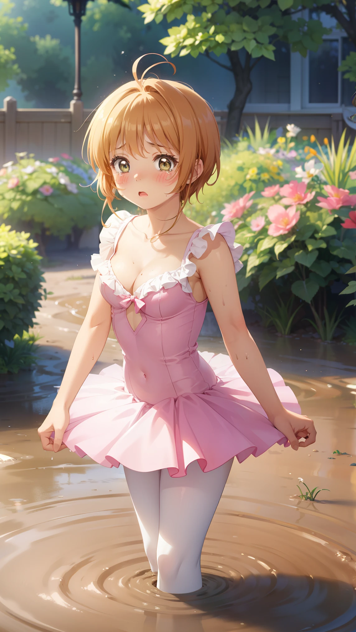 masterpiece, best quality, highres, 1girl, detailed face, blush, anime CG style, (medium breasts), (18 year old girl:1.3), (aged up), good lighting, perfect body, sakura kinomoto, glossy lips, cleavage, (curvy), garden, ballerina, tutu, standing, looking back at viewer, blush