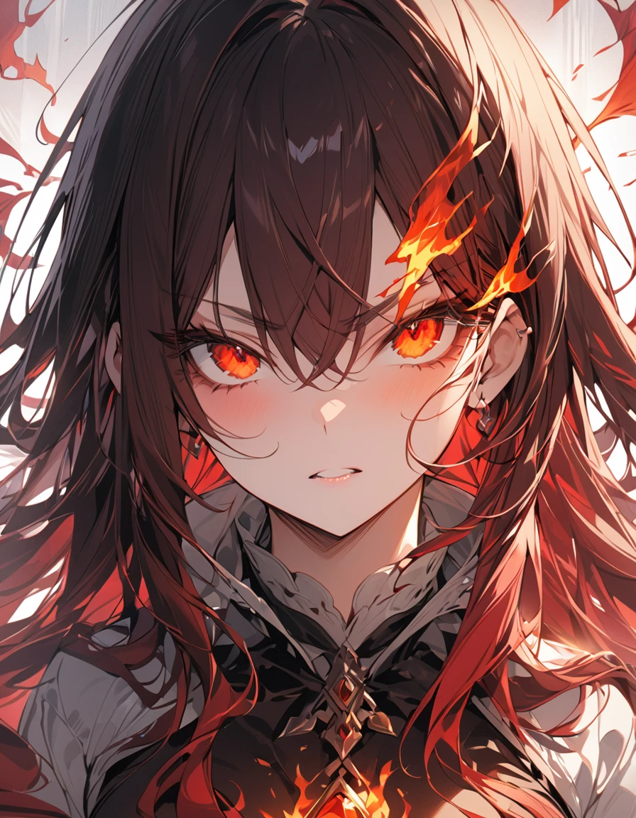 masterpiece Detailed description A woman with very long red hair Very intense flames all over Spell